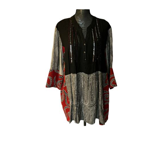Ulla Popken 16/18 3/4 Sleeve Tunic Blouse Sequin Pieced Fabric Black Red Plus - Picture 7 of 7